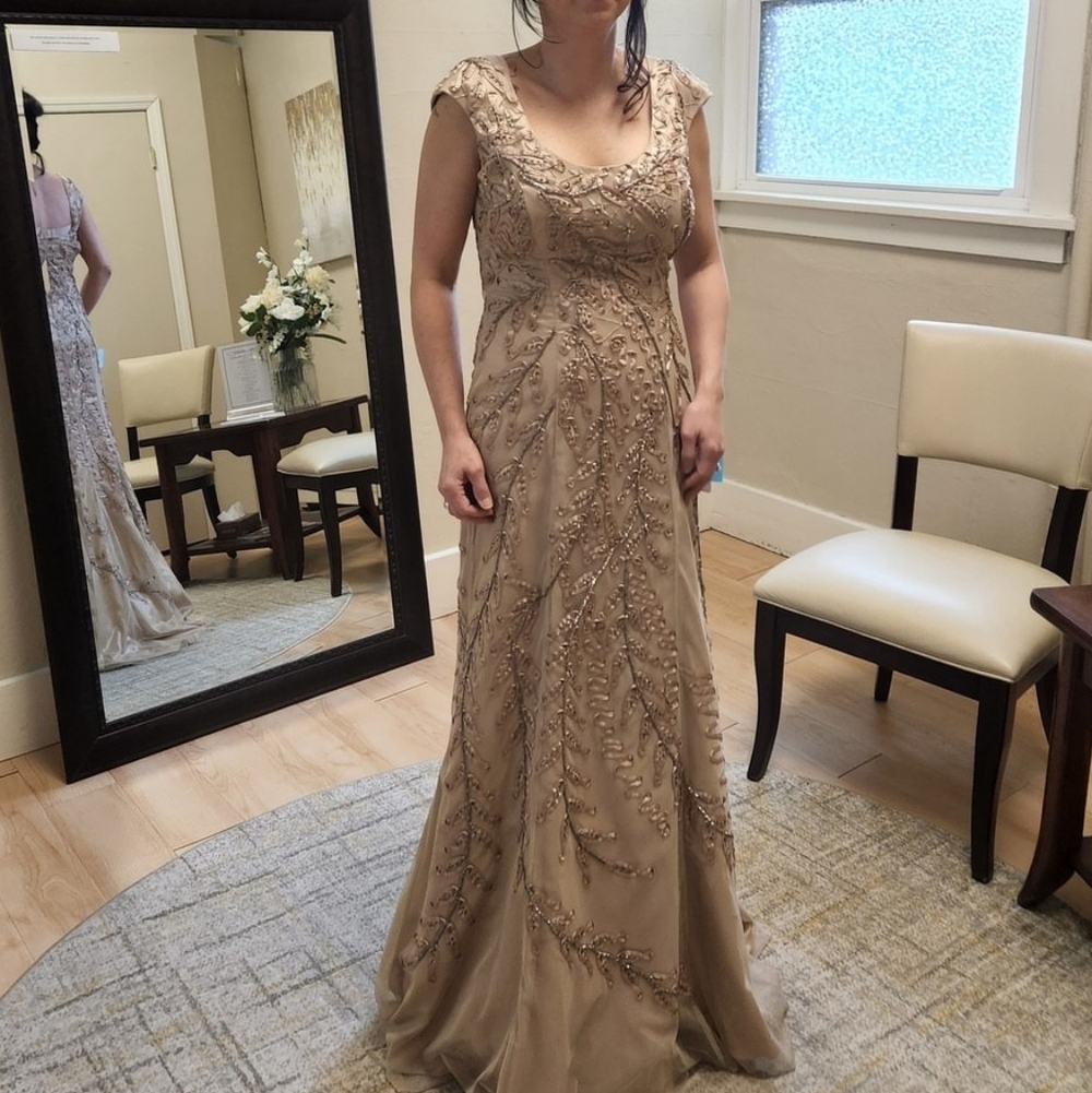 Size 0 Beige/caramel scoop neck & back soutache lace fit & flare gown Sue Wong